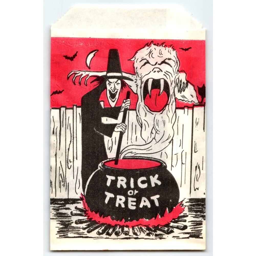 Halloween Vintage Trick Or Treat Goodie Bag Boogieman Witch Goblin Monster Moon
